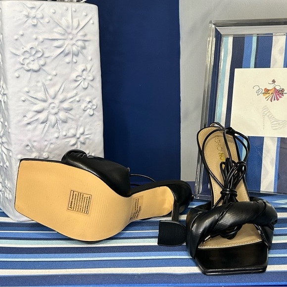 Black square toe knotted strappy wrap tie up high heel sandals sz 10 - Picture 7 of 16